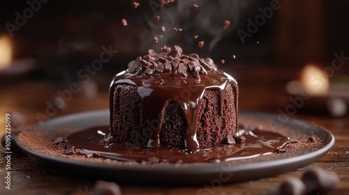 A chocolate cake with a rich chocolate sauce and chocolate shavings drizzled on top.