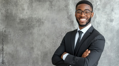 Creative professional smiling in business attire on neutral background