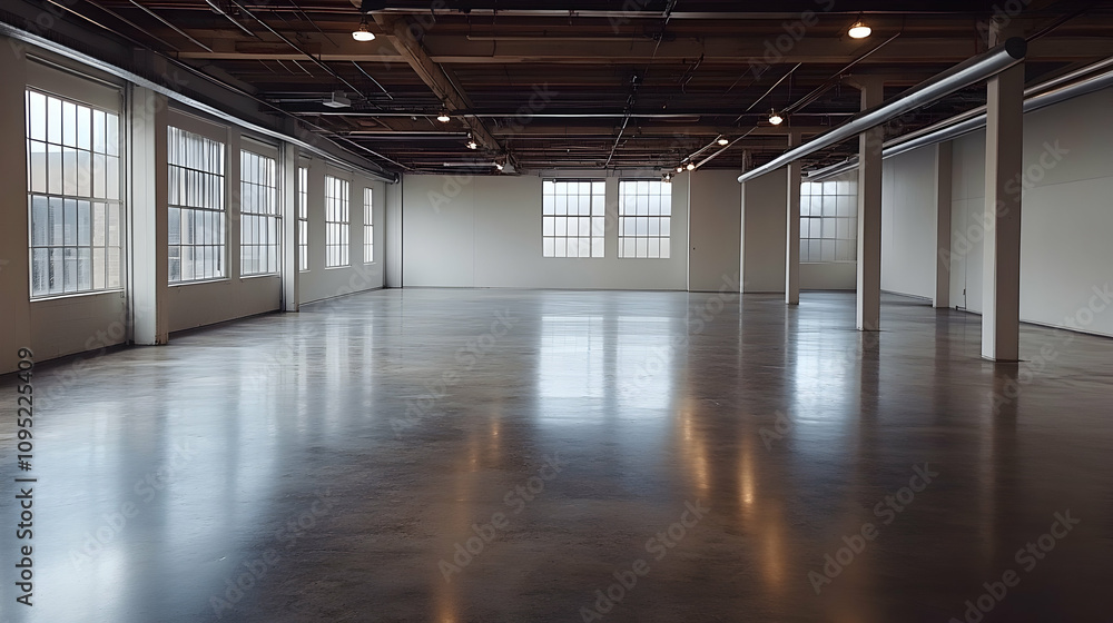 Empty warehouse with polished concrete floors, showcasing space for creative design Empty warehouse with polished concrete floors, showcasing space for creative design