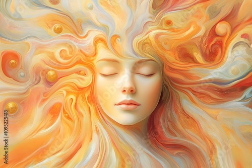 Abstract depiction of mental health and mind wellness, centered on a radiant woman's face with flowing hair that blends seamlessly into vibrant, warm-colored patterns