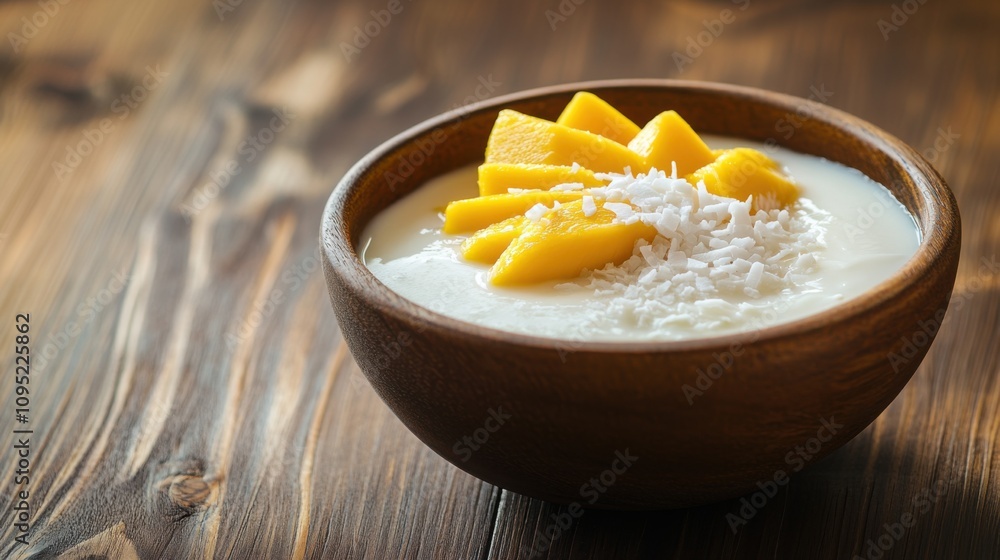 Delicious Mango Coconut Yogurt Parfait in Wooden Bowl Delicious Mango Coconut Yogurt Parfait in Wooden Bowl