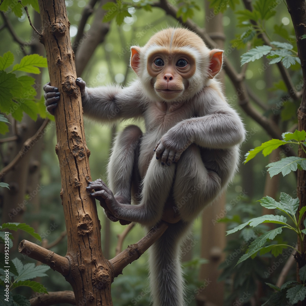 Cute young monkey sitting on a tree branch in lush green jungle
Cute young monkey sitting on a tree branch in lush green jungle
