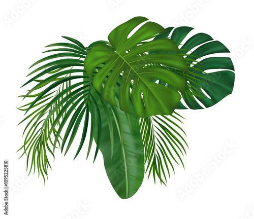 Tropical jungle palm leaves composition. Summer botanical design elements with greenery tropic exotic for summer card, invitation, banner, poster. Vector illustration