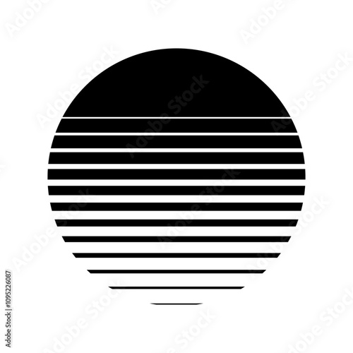 Retro sun sunset in style of 80s, 90s. Black sun with striped gradient lines isolated on white. Abstract vintage futuristic vector illustration for cyberpunk, disco, music party, games.