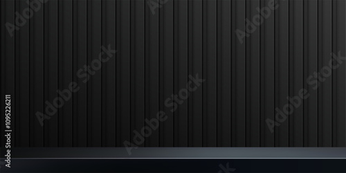 Black metal panel background with limbo effect. Abstract dark vertical wall of studio, room, stand for product display. Modern banner with empty place for advertising. Vector illustration.