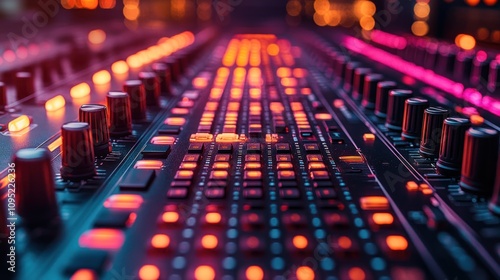 Close-up of a Sound Mixer with Faders and Buttons