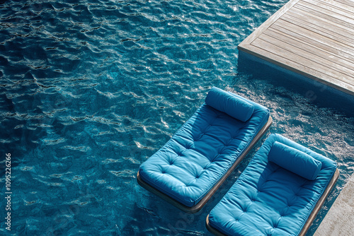 Floating pool loungers at waterside. photo