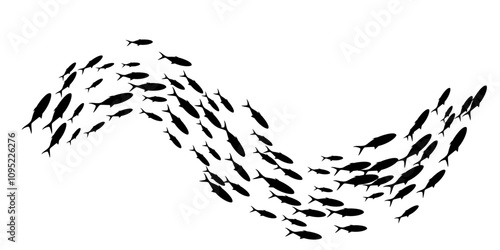 Fish group swimming. School of blackfish. Silhouette of group of sea fishes. Abstract vector illustration isolated on transparent.