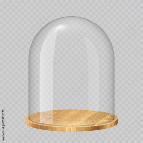 Glass dome with wooden tray. Transparent crystal bell, container, case, cover with round wood plate. Empty product display or showcase. Realistic vector illustration isolated on transparent background