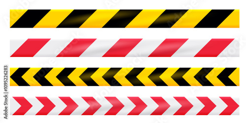 Caution warning tapes. Danger tapes with diagonal yellow-black and white-red strips for construction, crime scene or danger zone. Warning ribbons isolated on white background. Realistic vector.