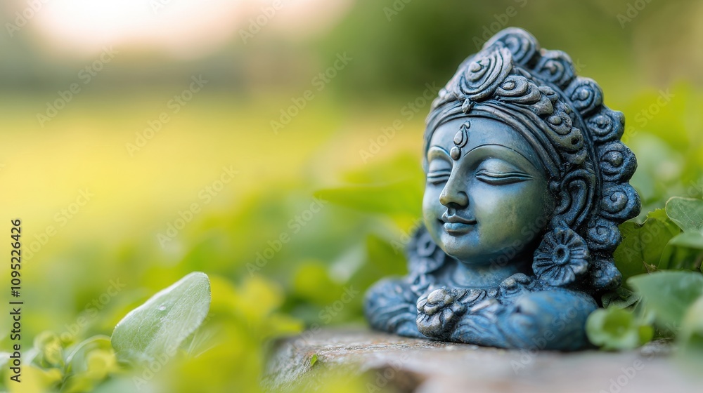 Serene Blue Deity Statue in Lush Green Garden Peaceful Meditation Spiritual Tranquility Serene Blue Deity Statue in Lush Green Garden Peaceful Meditation Spiritual Tranquility