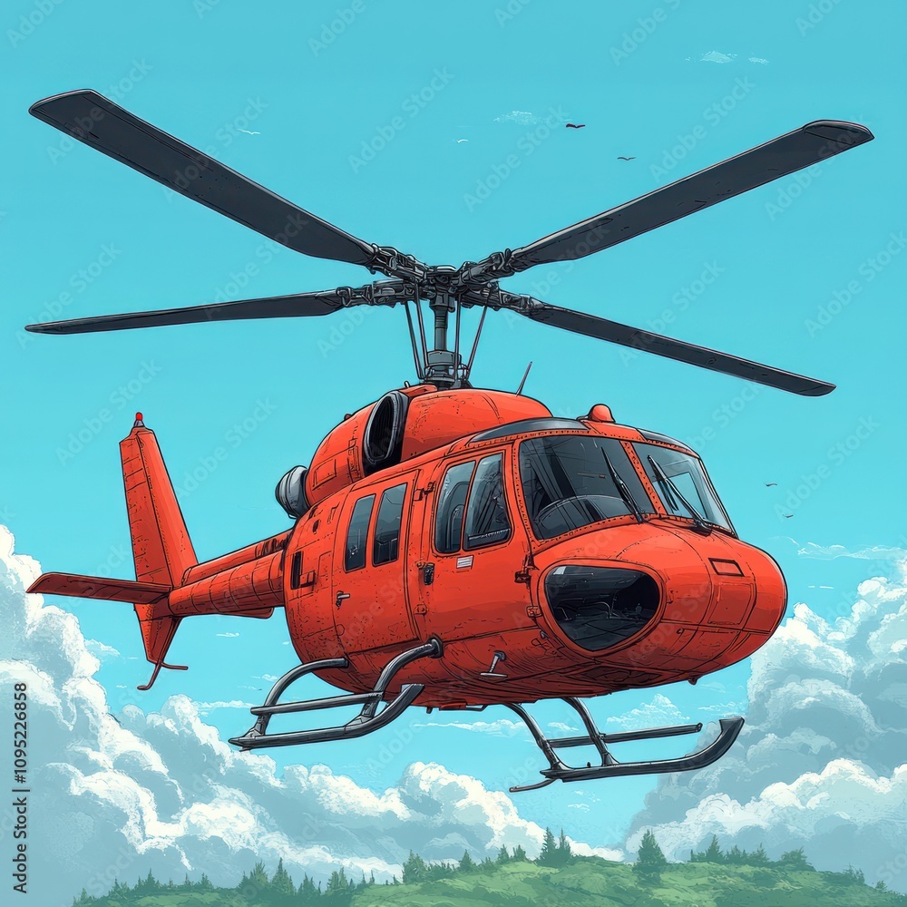 Fototapeta premium A vibrant orange helicopter flying against a blue sky with clouds.