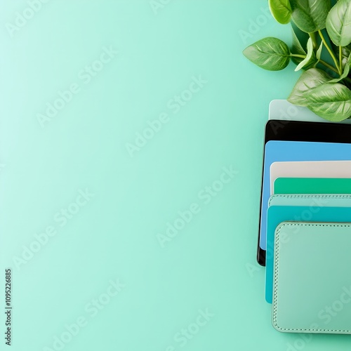 Flat lay of colorful leather wallets stacked on a mint green background with a fresh plant, minimal and modern, ideal for branding and eco-friendly themes
 photo