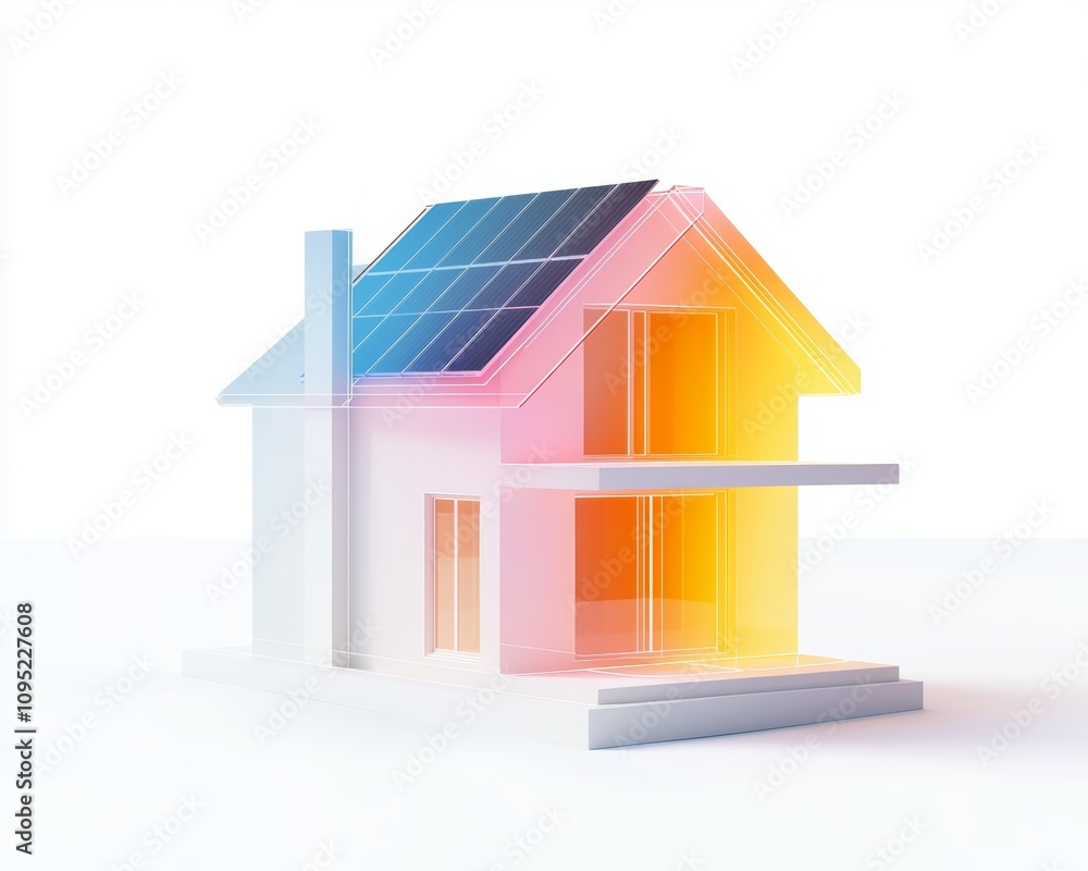 A hologram showing an energy-efficient home with double-glazed windows and thermal insulation features. A hologram showing an energy-efficient home with double-glazed windows and thermal insulation features.