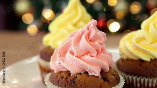 Close-Up of Colorful Cupcake Frosting with Smooth Texture and Twinkling Christmas Lights in the Background