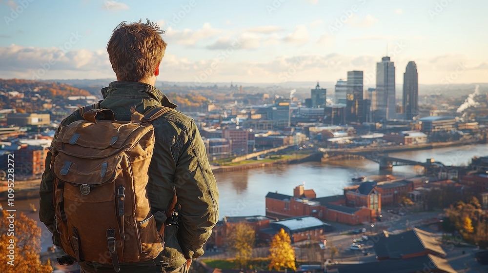 Man with Backpack Overlooking City Skyline Urban Exploration Travel Man with Backpack Overlooking City Skyline Urban Exploration Travel