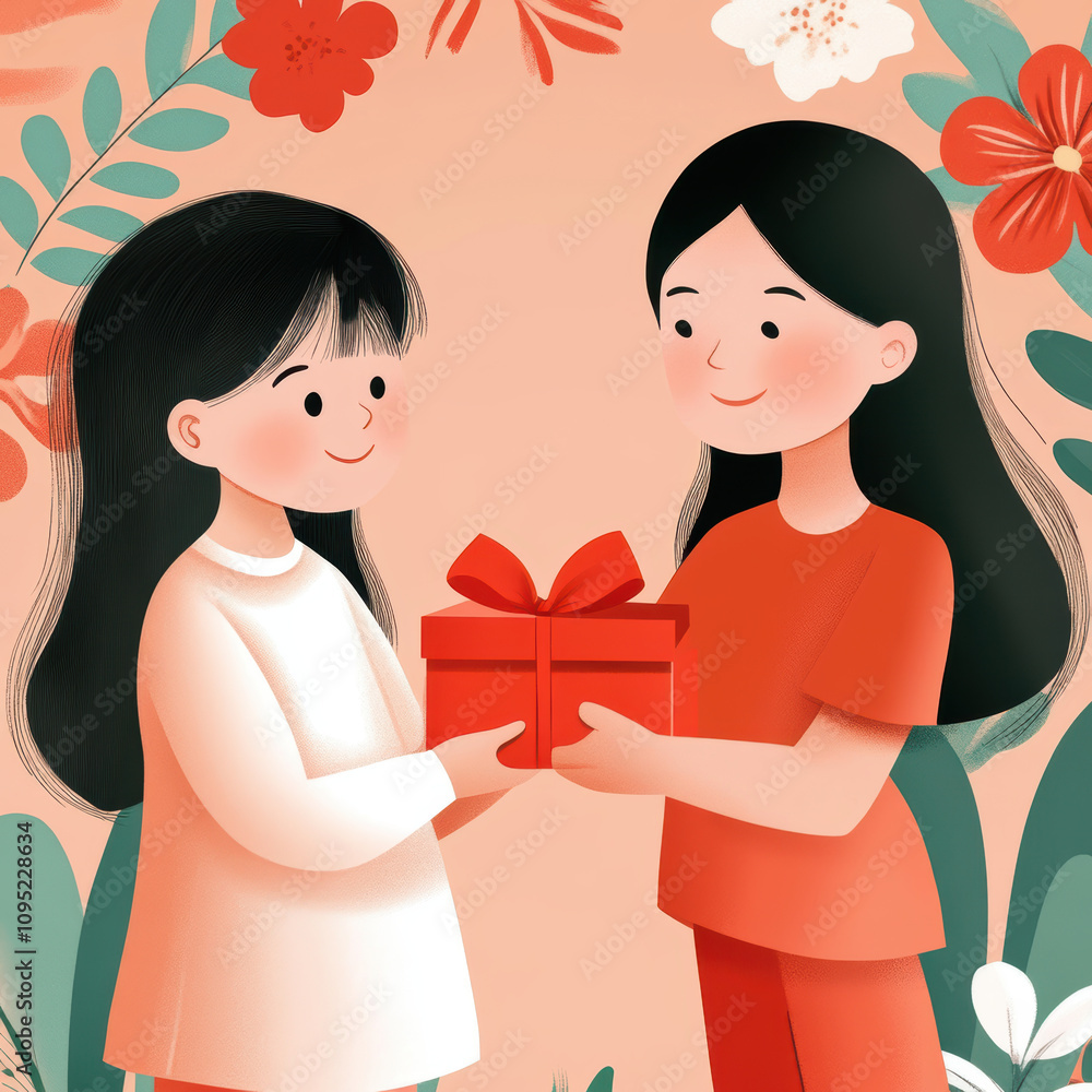 Two girls exchanging gift in floral setting, celebrating friendship Two girls exchanging gift in floral setting, celebrating friendship
