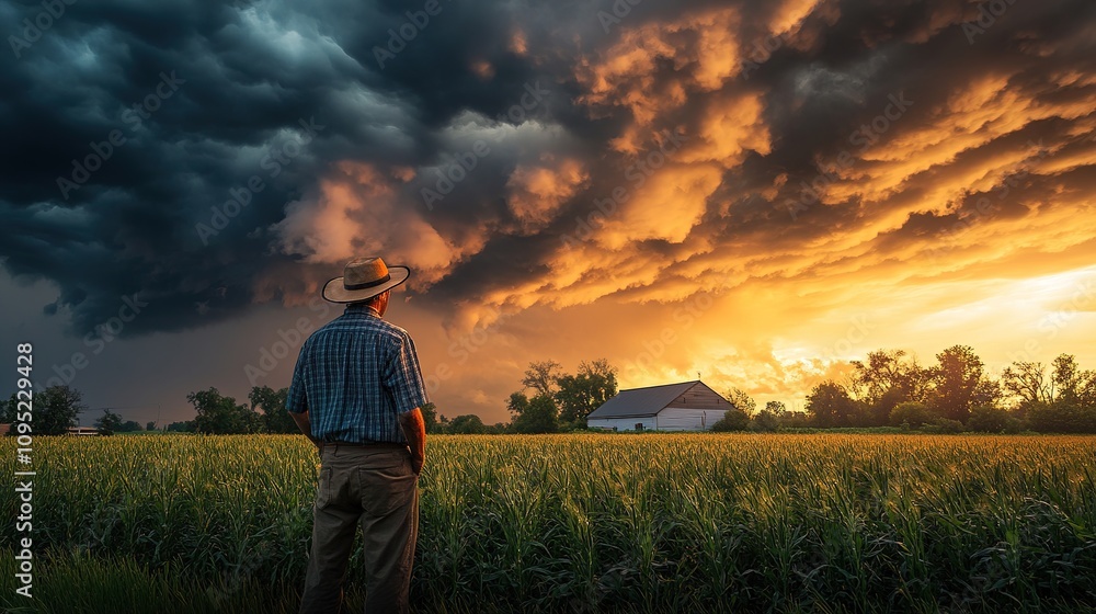 Fototapeta premium Farmer observing weather patterns, assessing field impacts.