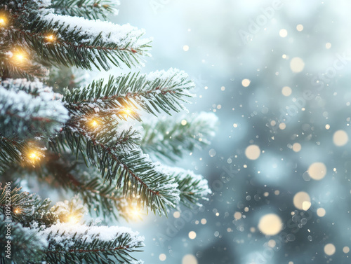 Christmas tree branches with lights, covered with snow. New Year holiday blur...