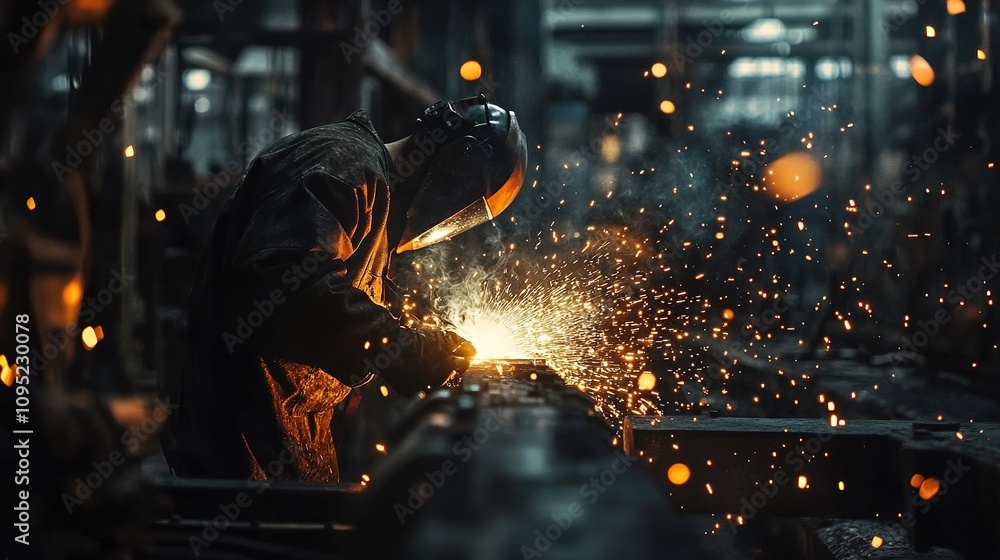Industrial worker welding steel with sparks and metal surroundings. Industrial worker welding steel with sparks and metal surroundings.