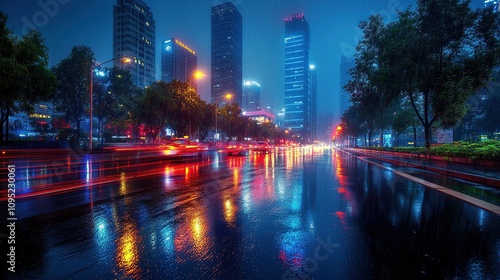 Rainy Night Cityscape: Vibrant Reflections in Urban Streets photo