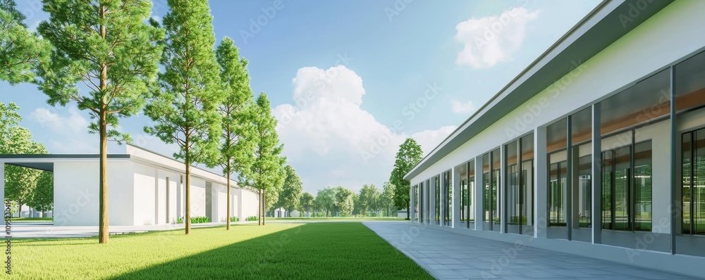 Naklejka premium An interactive AR hologram of a green dormitory equipped with solar water heating and eco-friendly insulation.