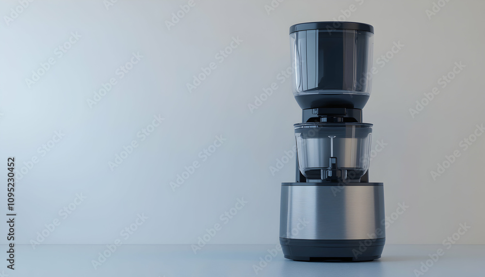 Sleek modern kitchen appliance, stainless steel and black, against a minimalist light grey background. Perfect for healthy living, smoothies, and juices. Sleek modern kitchen appliance, stainless steel and black, against a minimalist light grey background. Perfect for healthy living, smoothies, and juices.