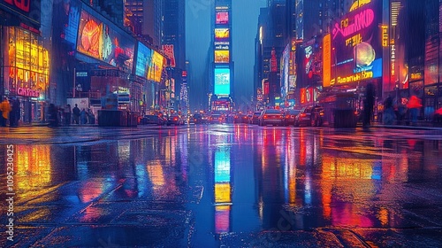 Rainy Night in Times Square, NYC: Vibrant Reflections on Wet Streets