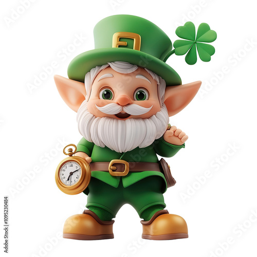 A cheerful leprechaun character with a green outfit and a four-leaf clover, symbolizing luck and St. Patrick's Day. photo