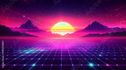 A retro-futuristic abstract background with neon lights, geometric grids, and an 80s sci-fi aesthetic, blending vintage and futuristic design elements