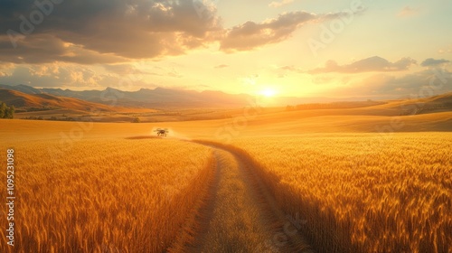 A dirt road winds through a field of golden wheat at sunset, with mountains in the distance.