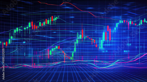 A stock market chart with candlestick charts, blue background, and digital lines of data representing financial trends. 