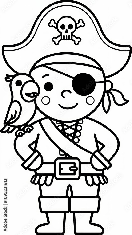 Black and White Vector Illustration of a Cute Pirate Captain with Parrot Generative aI Black and White Vector Illustration of a Cute Pirate Captain with Parrot Generative aI