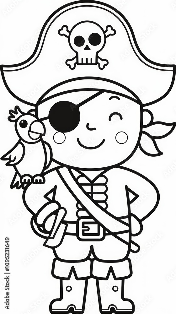 Black and White Vector Illustration of a Cute Pirate Captain with Parrot Generative aI Black and White Vector Illustration of a Cute Pirate Captain with Parrot Generative aI
