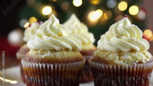 Side-Angle View of Cupcakes with Intricate Frosting Details and Twinkling Christmas Lights