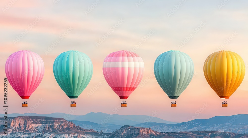 Fototapeta premium Colorful Hot Air Balloons Soaring Over Scenic Landscape at Sunrise
