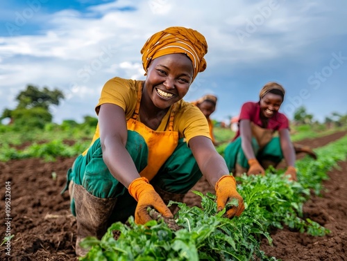 Smiling African Farmers Cultivating Fresh Vegetables in a Vibrant Green Field, Showcasing Hard Work and Community Spirit in Lush Landscape