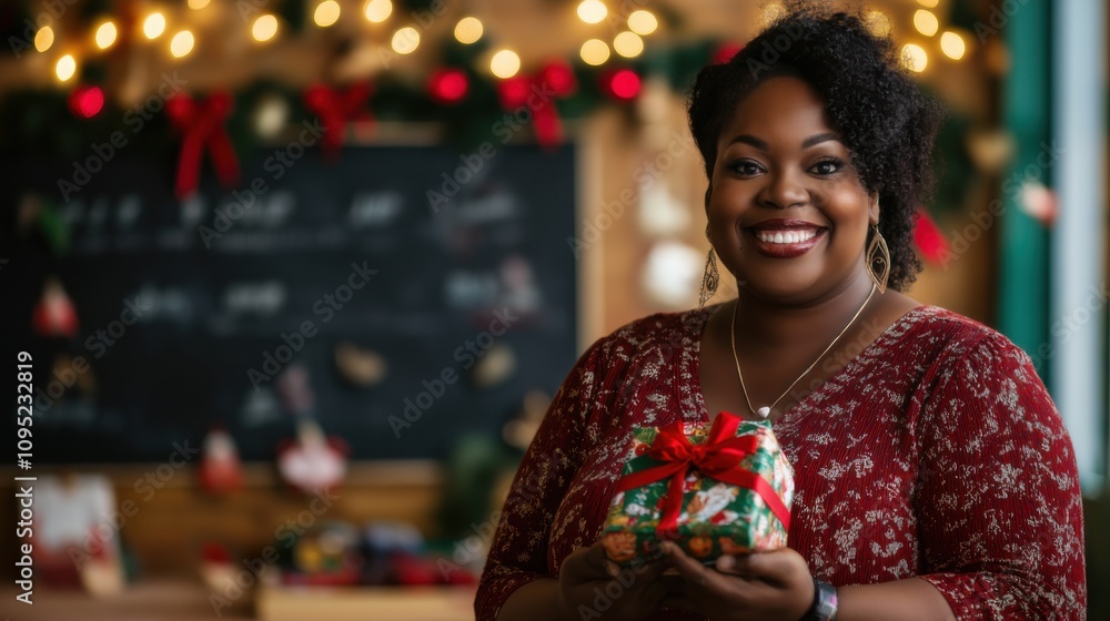 Joyful teacher smiles while holding a beautifully wrapped gift in a festive setting with holiday decorations Joyful teacher smiles while holding a beautifully wrapped gift in a festive setting with holiday decorations