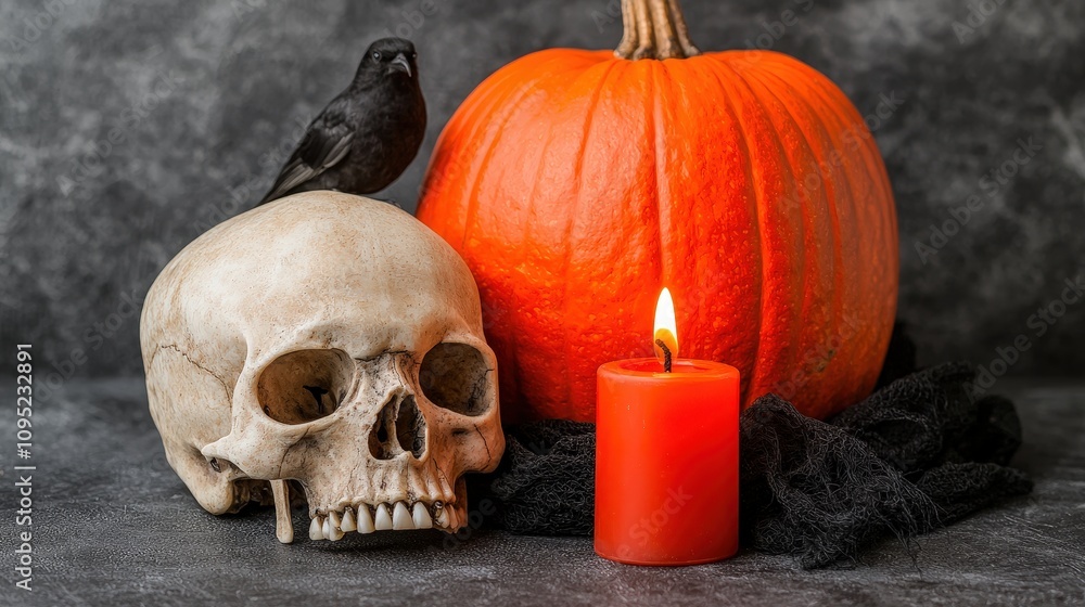 Fototapeta premium Spooky Halloween Still Life Skull Pumpkin Crow Candle