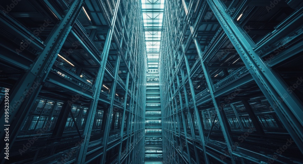 A Stunning Perspective of an Industrial Storage Facility with Towering Racks and Bright Glass Roof Illuminating the Aisle in a Modern Warehouse Environment A Stunning Perspective of an Industrial Storage Facility with Towering Racks and Bright Glass Roof Illuminating the Aisle in a Modern Warehouse Environment