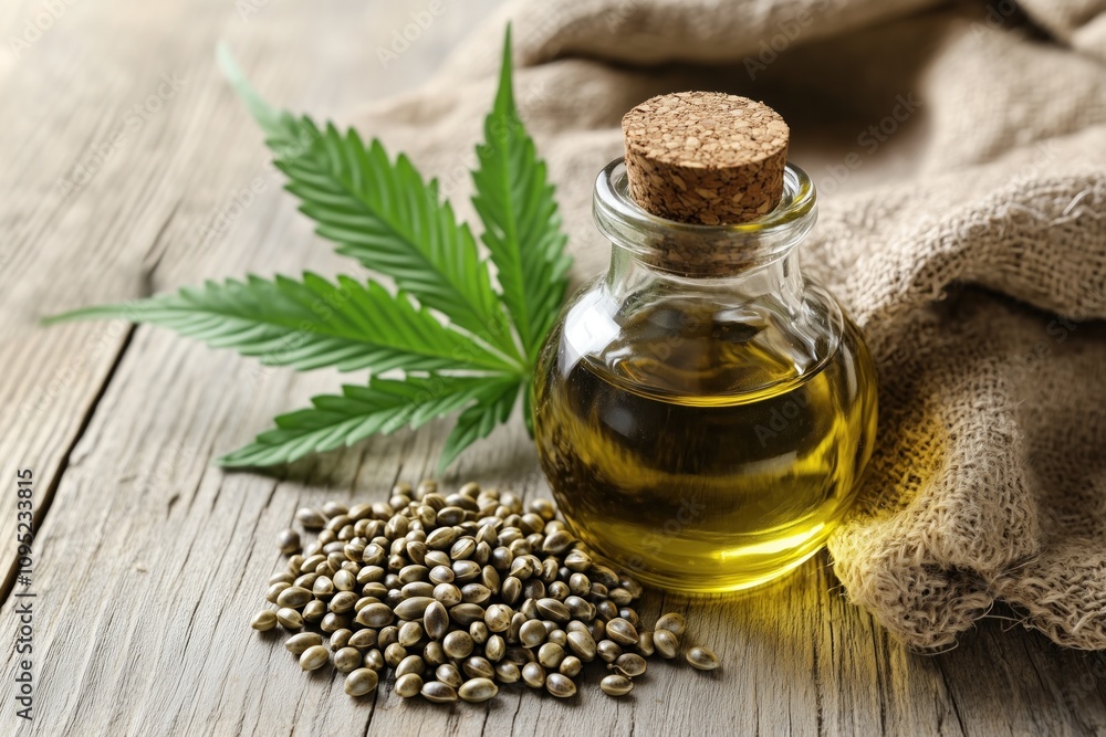 A bottle of hemp oil surrounded by seeds and green leaves on a rustic wooden surface with a natural texture A bottle of hemp oil surrounded by seeds and green leaves on a rustic wooden surface with a natural texture