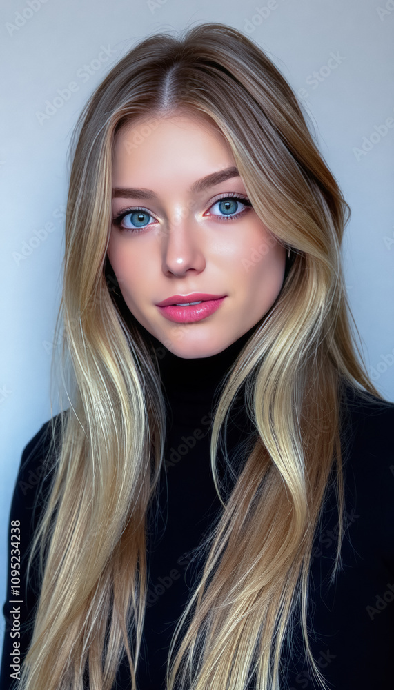 Young Woman in Black Turtleneck with Serious Expression Young Woman in Black Turtleneck with Serious Expression