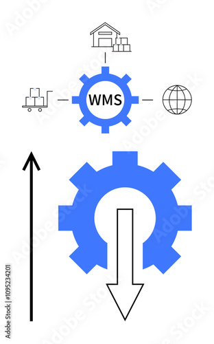 Gear with WMS connects warehouse cart and globe. Ideal for logistics, efficiency, technology, supply chain, inventory, automation, global reach. Line metaphor