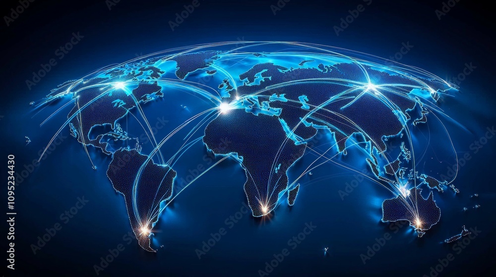 Illustrated Globe With Radiant Lines Connecting Multiple Locations for Global Communication and Connectivity Visual Representation Illustrated Globe With Radiant Lines Connecting Multiple Locations for Global Communication and Connectivity Visual Representation