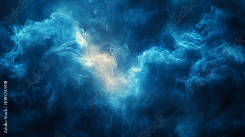 Abstract blue swirling clouds resembling cosmic or atmospheric phenomena.