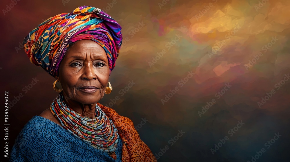 Obraz premium Portrait of an Elderly African Woman with Weathered Face, Vibrant Head Wrap, and Colorful Beaded Necklaces Against a Warm Abstract Background