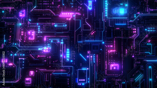 A vibrant digital circuit board design with neon colors and intricate patterns.