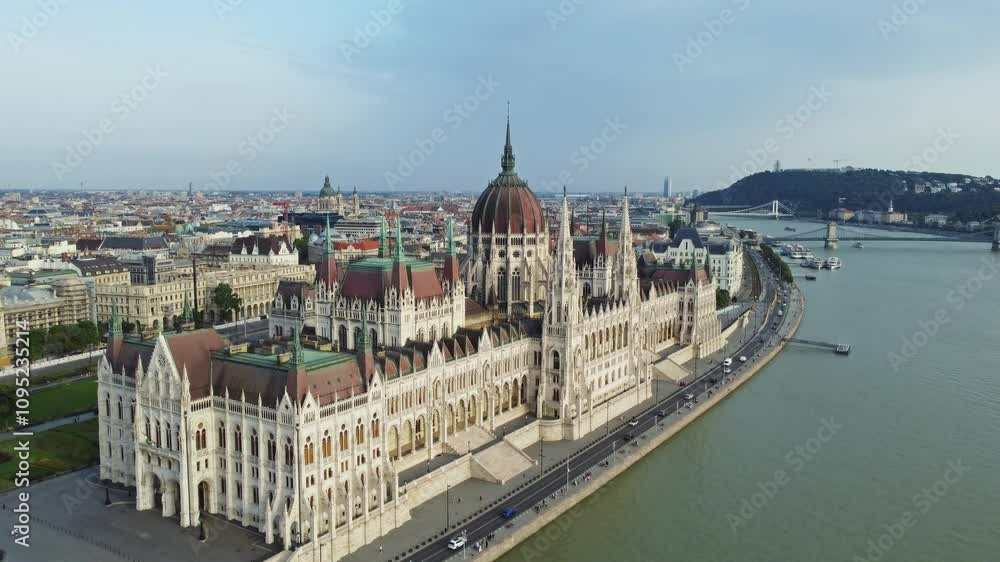 Aerial view of Budapest city and Hungarian Parliament building on Danube river, Hungary, 4k Aerial view of Budapest city and Hungarian Parliament building on Danube river, Hungary, 4k