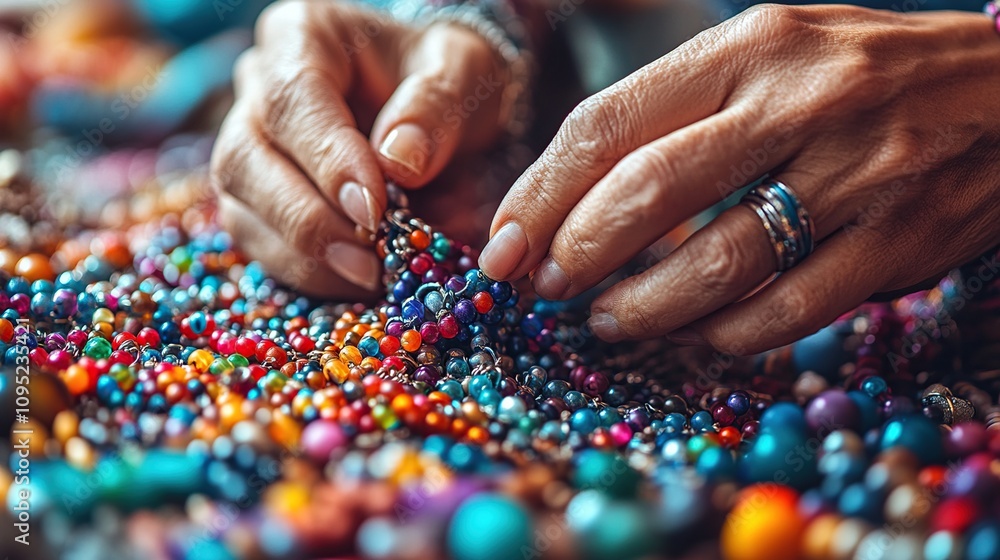 Colorful Beads: A Craftsperson's Hands Carefully Selecting Vibrant Gems for Jewelry Creation Colorful Beads: A Craftsperson's Hands Carefully Selecting Vibrant Gems for Jewelry Creation
