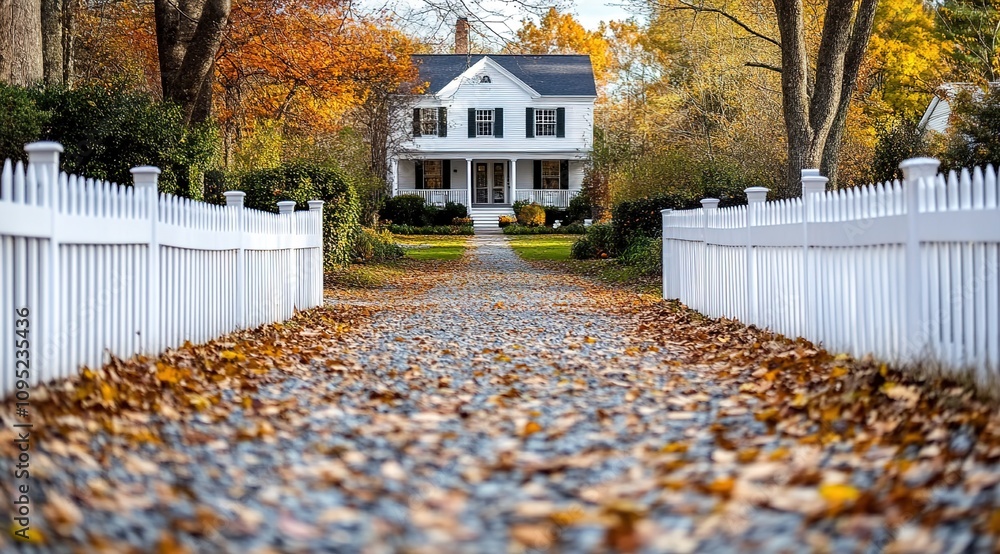 A white picket fence, a house in the background with leaves on an autumn gravel driveway. A white picket fence, a house in the background with leaves on an autumn gravel driveway.